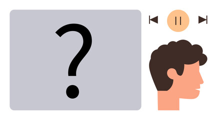 Large question mark representing doubt next to a human profile and media control buttons for listening or pausing. Ideal for uncertainty, decision-making, listening, curiosity, reflection