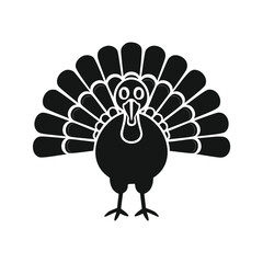 Black silhouette of a turkey with fanned tail feathers and large eyes