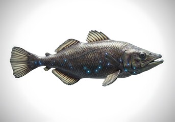 深海魚イラストレーション、青白い発光点、精細な描写、白背景