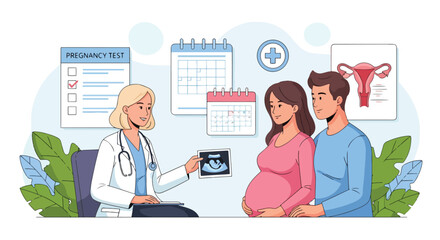 Adobe illustrator artwork vector illustration. A pregnant woman and her partner receive an ultrasound image from a friendly female doctor in a medical consultation room