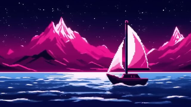 Pixel art sailing boat night landscape