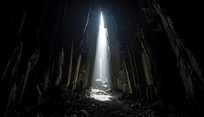 Dark Rocky Cave with Narrow Opening and Subtle Light Beam