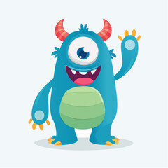 Fototapeta premium Friendly blue one-eyed monster waving hello with horns.