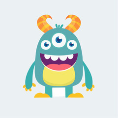 Fototapeta premium Cheerful three-eyed monster cartoon character with orange horns, smiling broadly.