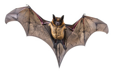 A bat with outstretched wings, showcasing its detailed fur and wing structure. isolated on white background