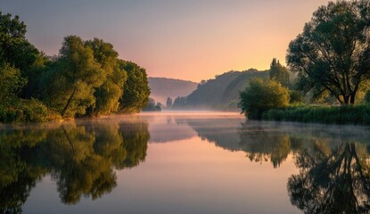 Misty riverbank at dawn, mirrored reflections