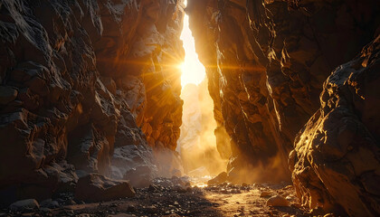 Golden Sunlight Shining Through Rocky Crevice at Sunrise