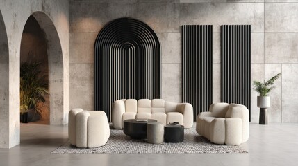 Modern Minimalist Lounge with Beige Upholstered Furniture and Black Decorative Wall Panels in Neutral-toned Interior