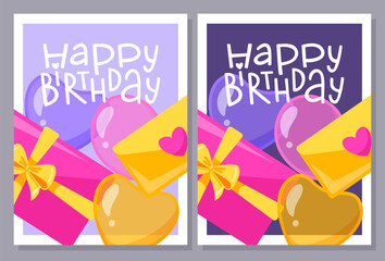 Two Birthday cards with gift boxes, air ballons and the text Happy Birthday. for birthday and festive design.