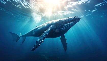 Fototapeta premium Whale swimming underwater, sun rays