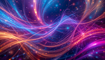 Fototapeta premium Vibrant neon light trails swirl and dance with sparkling particles, creating a dynamic, energetic, and futuristic abstract background perfect for modern design projects and digital celebrations.