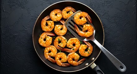 Pan-Seared Shrimp in Frying Pan.