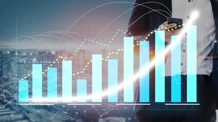 A businessman uses a smartphone against a backdrop of financial graphs and urban skyline, illustrating growth trends and analytics in a modern business environment. Copula - Powered by Adobe