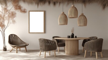 Modern Natural Dining Room with Rattan Chairs and Wooden Pendant Lights