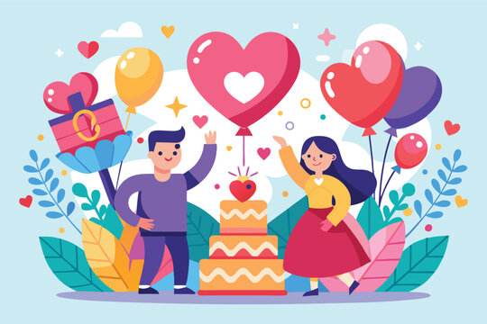 Friends celebrate a birthday with balloons, cake, and gifts in a cheerful, colorful scene