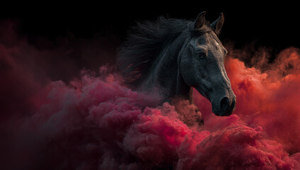 Majestic black horse emerges from vibrant red and pink smoke clouds