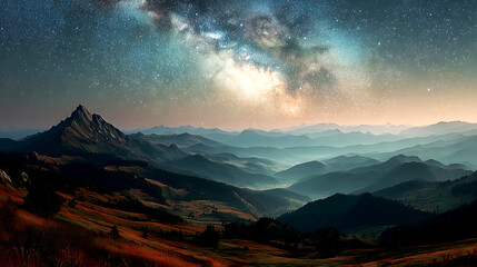 Obraz premium Mountain Landscape Under Milky Way: Natural Wonder with Starlight and Layered Mountains Intertwined