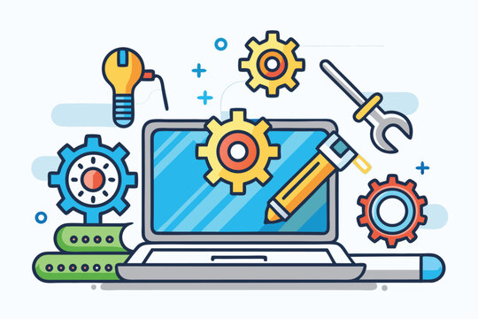 Digital tools and gears illustrate software development process on a computer screen