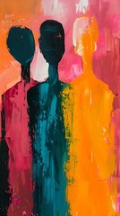 abstract painting of three faceless human figures standing side by side