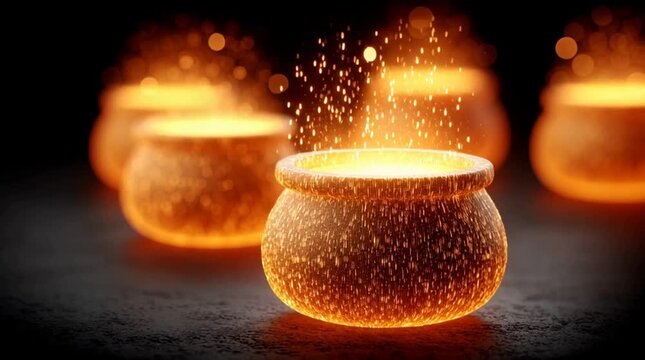 Glowing magic cauldron with sparks, glowing magic cauldron with sparks in fantasy potion animation, glowing magic cauldron with sparks showing mystical alchemy energy