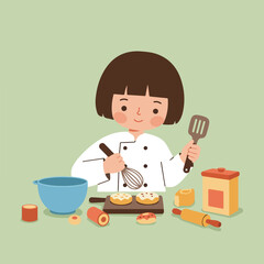 Stylized drawing of a young chef preparing doughnuts, on light green background