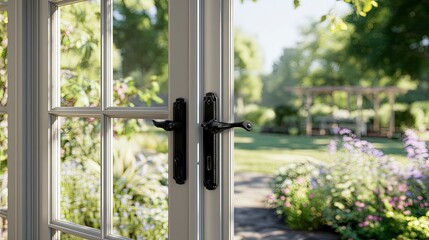 French doors open to sunny garden view
