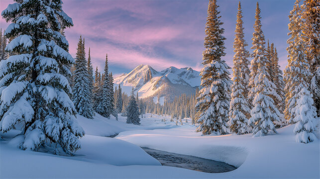 Snowy landscape with evergreen trees and mountains at sunset  Winter Wonderland