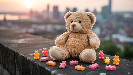 Cute teddy bear with colorful gummy candies on outdoor city background