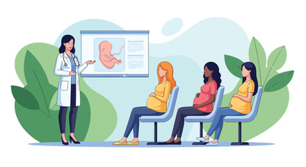 Adobe illustrator artwork vector illustration. A female doctor in a white coat gives a presentation on fetal development to a group of pregnant women. The slide shows a fetus