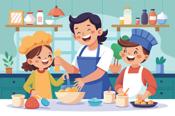 Cooking together in a cheerful kitchen on a sunny day with kids and an adult preparing delicious treats