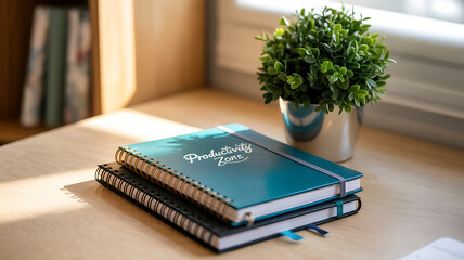 Organized workspace with productivity notebooks and green plant in natural light