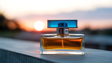 Elegant perfume bottle with golden liquid and blue cap against sunset background