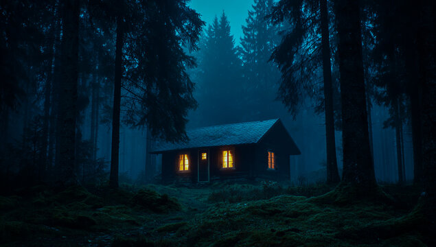Cozy cabin with glowing windows nestled deep within a dark and misty forest at night - Powered by Adobe