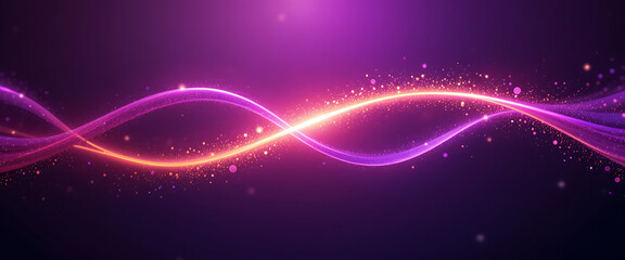 abstract two lines in purple and pink gradient color overlapping each other and sparkling happen in infinite loop in dark purple background, glowing sparkling golden line going along other line,minima