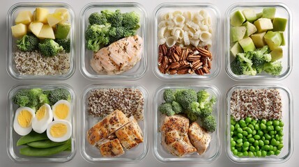 Weekly set of healthy meal prep containers filled with fresh vegetables, lean proteins, whole grains, neatly arranged in a clean grid layout under bright lighting, representing balanced nutrition