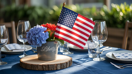 American flag table decoration with liberty flower arrangement for patriotic celebration