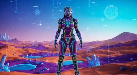 A futuristic female figure standing in a colorful neon lit landscape with crystal formations