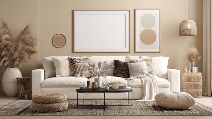 Modern Neutral Living Room Sofa Decor with Abstract Wall Art and Cozy Accessories
