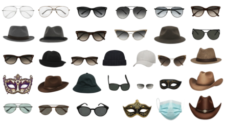 Variety of Sunglasses, Hats, and Masks on White Background | Fashion Accessories Collection for Retail, E-commerce, and Creative Projects