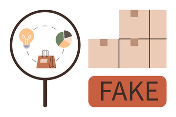 Magnifying glass focusing on a bag, lightbulb, and pie chart, symbolizing analysis of counterfeit goods. Adjacent stacked boxes and FAKE label emphasize fraud prevention. Ideal for product
