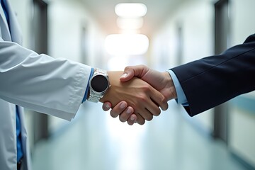 Close up of a doctor in a white lab coat and a businessman in a suit shaking hands in a hospital hallway symbolizing partnership and agreement