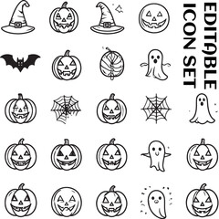 Halloween Icon Set &ndash; Pumpkin, Ghost, Spider Web, Bat, Witch Hat