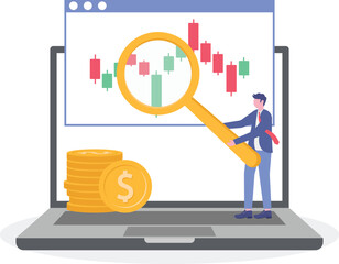 Flat illustration of businessman analyzing stock market trends using magnifying glass on digital screen investment decision making
