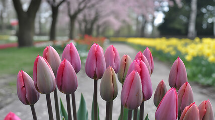 Pink tulip buds in spring garden with colorful flowers and pathway