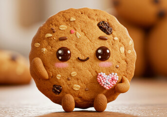 Adorable Cookie with Heart or Waving Gesture. National Homemade Cookies Day