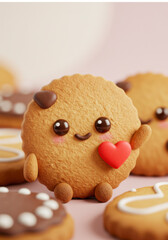 Adorable Cookie with Heart or Waving Gesture. National Homemade Cookies Day