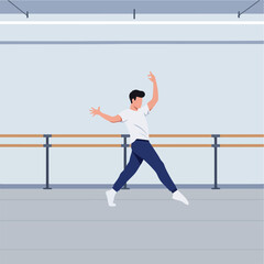 A male figure dances in a studio with a ballet barre in front of a muted grey backdrop