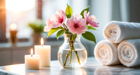 Vase with pink flowers and candles on a table