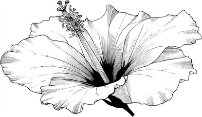 Detailed Line Art Drawing of a Hibiscus Flower