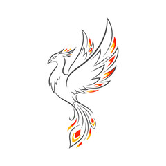Fototapeta premium Elegant phoenix bird line art with colorful flames isolated on white background illustration